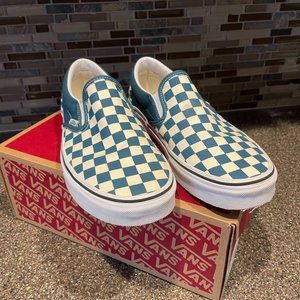 Vans Classic Slip-On Checkerboard Canvas Blue Low Top Sneaker Womens, like new!